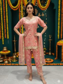 Chhabra 555 - Banarasi Meenakari Straight Pink Kurta and Pant with Dupatta