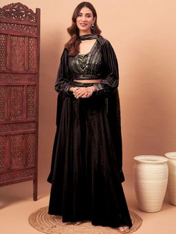 Chhabra 555 - Sequin Embellished Black Crop-Top Palazzo with Dupatta