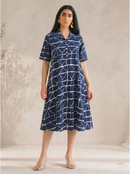 Kami Kubi - A-Line Printed Cotton With Notched Lapel Button Placket And Pockets Blue Dress