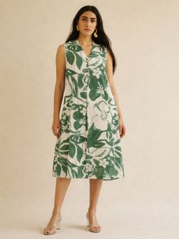 Kami Kubi - Green Floral A-Line Cotton Button Placket And Flowy Silhouette Dress