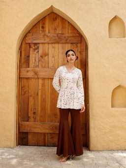Qissa - White Printed Pleated Peplum Top and Palazzo