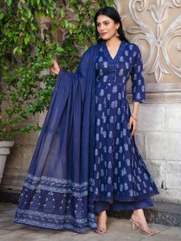 Chhabra 555 - Navy Blue Floral Anarkali Kurta and Palazzo with Dupatta