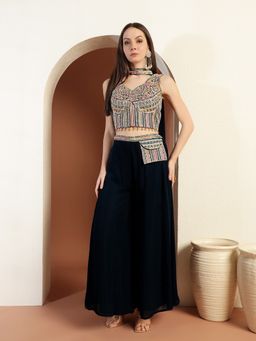 Chhabra 555 - Tasselled Corset Style Black Crop Top and Palazzo with Dupatta