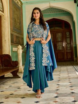 Chhabra 555 - Zari Embroidery Indo-Western Blue Crop Top and Skirt with Dupatta