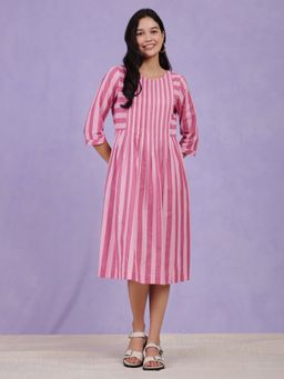 Pink Fort - Cotton A Line Striped Midi Dress Pink