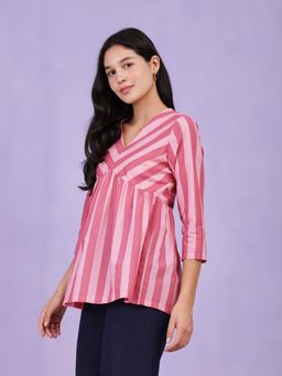 Pink Fort - Pink Cotton Striped Gathered Top