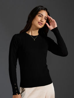 Twenty Dresses by Nykaa Fashion - Black Solid Buttoned Cuffs Sweater Top