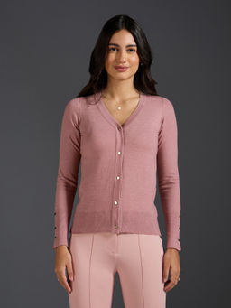 Twenty Dresses by Nykaa Fashion - Nude Pink Solid V Neck Buttoned Sleeves Cardigan