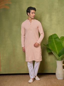 House of Chikankari - Rayon Embroidered With Sequins Mens Long Kurta- Peach