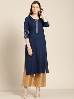 Jaipur Kurti - Navy Blue Embroidered Straight Kurta