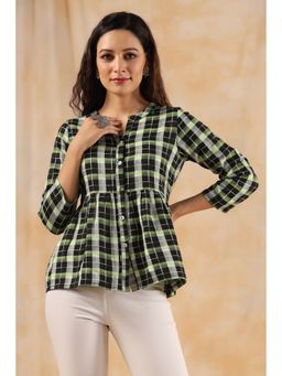 Jaipur Kurti - Green and White Checks Cotton Gathered Shirt