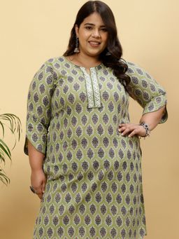 Jaipur Kurti - Green Ethnic Printed Kurta With Afghani Salwar (Set of 2)