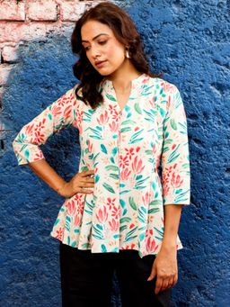 Jaipur Kurti - Beige Abstract Printed Pleated Cotton Top