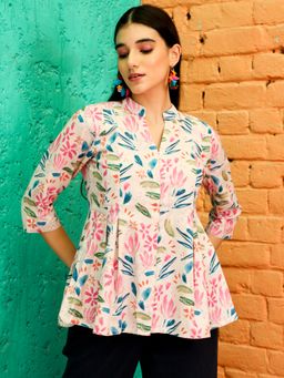 Jaipur Kurti - Pink Abstract Printed Pleated Cotton Top