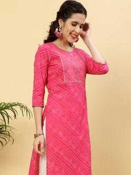 Jaipur Kurti - Pink Bandhej Mirror Work Straight Cotton Kurta