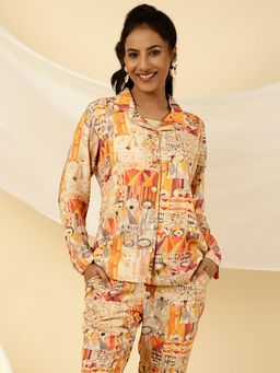 Jaipur Kurti - Orange Geometric Print Jacket & Pants Co-Ord (Set of 2)