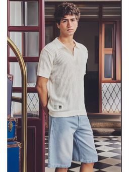 Snitch - White Ribbed Half Sleeves Oversized Casual T-shirt