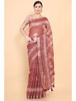 Soch - Women Brown Cotton Printed Saree with Unstitched Blouse