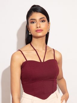 Twenty Dresses by Nykaa Fashion - Maroon Solid Sweetheart Neck Fitted Corset Crop Top