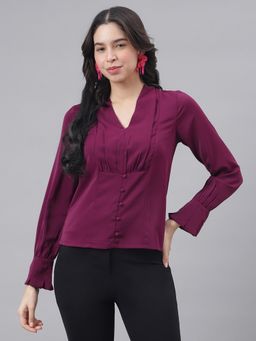 Latin Quarters - Wine Full Sleeve V-Neck Women Solid Blouse Top