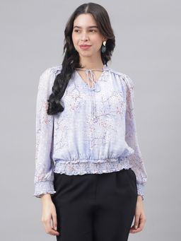 Latin Quarters - Blue Full Sleeve V-Neck Women Floral Blouse Top