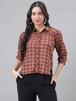 Latin Quarters - Brown 3/4 Sleeve Collar Women Checked Blouse Top