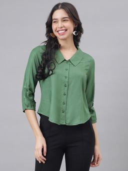 Latin Quarters - Green 3/4 Sleeve Collar Women Solid Blouse Top