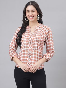 Latin Quarters - Brown 3/4 Sleeve Mandarin Collar Women Checked Blouse Top