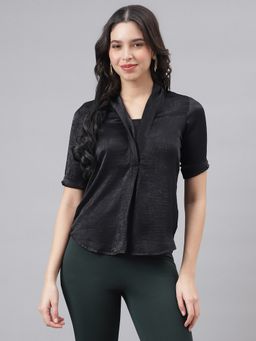 Latin Quarters - Black Half Sleeve V-Neck Women Solid Blouse Top