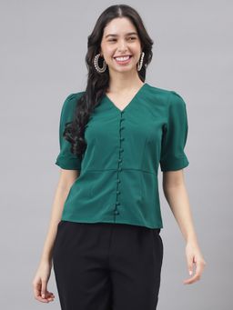 Latin Quarters - Green Half Sleeve V-Neck Women Solid Blouse Top