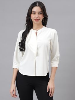 Latin Quarters - Ivory 3/4 Sleeve Mandarin Collar Women Solid Blouse Top