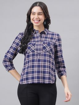 Latin Quarters - Navy Blue 3/4 Sleeve Shirt Collar Women Checked Blouse Top