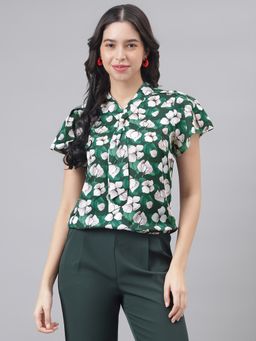 Latin Quarters - Green Cap Sleeve Tie-Up Neck Women Floral Blouse Top