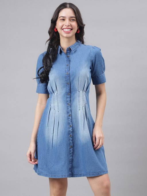 latin quarters denim dress Latin Quarters Women Blue Denim Collared Half Sleeves A-Line Solid Cas