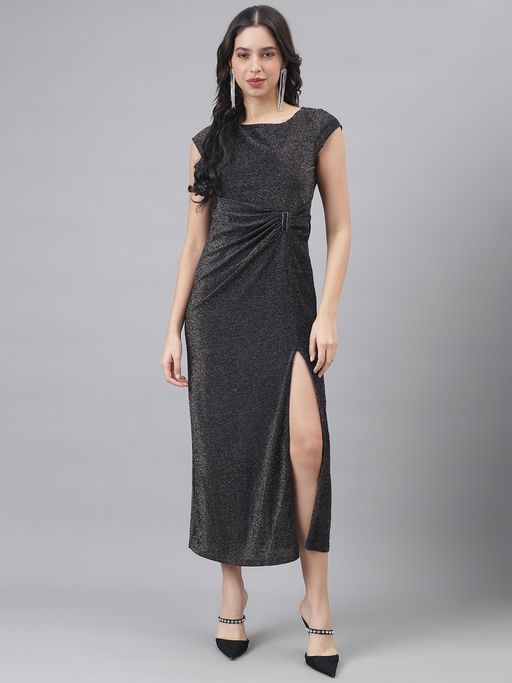 knee length dresses for ladies Black V Neck Smocked Waist Cap Sleeve Midi Dress main image 0