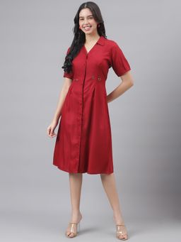 Latin Quarters - Maroon Half Sleeve Shirt Collar Women Midi Dress