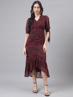 Latin Quarters - Maroon Half Sleeve V-Neck Women Midi Dress