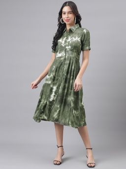 Latin Quarters - Green Half Sleeve Shirt Collar Women Midi Dress