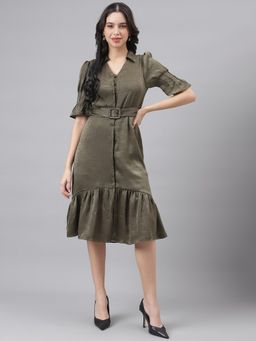 Latin Quarters - Green Half Sleeve Shirt Collar Women Midi Dress