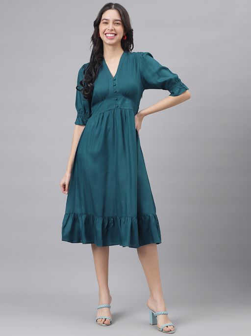 Buy Latin Quarters Blue Half Sleeve V-Neck Women A-Line Midi Dress Online
