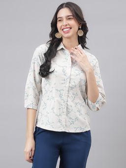 Latin Quarters - White 3/4 Sleeve Shirt Collar Women Floral Blouse Top
