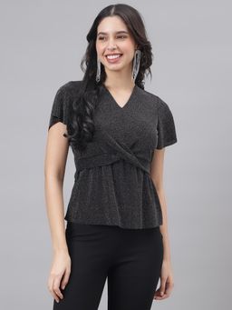 Latin Quarters - Black Half Sleeve V-Neck Women Solid Blouse Top