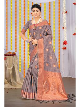 Sangam Prints - Grey Organza Woven Zari Work Traditional Tassel Saree with Unstitched Blouse