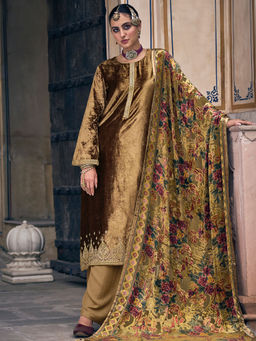 Stylee LIFESTYLE - Gold Velvet Embroidered Dress Material (Set of 3)