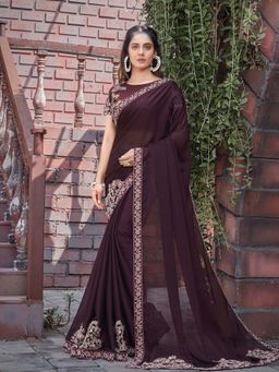 Odette - Brown Colour Silk Georgette Embroidered Saree with Unstitched Blouse