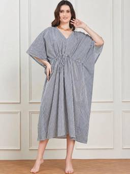 G Heist - Women Striped Pure Cotton Kaftan Nightdress White