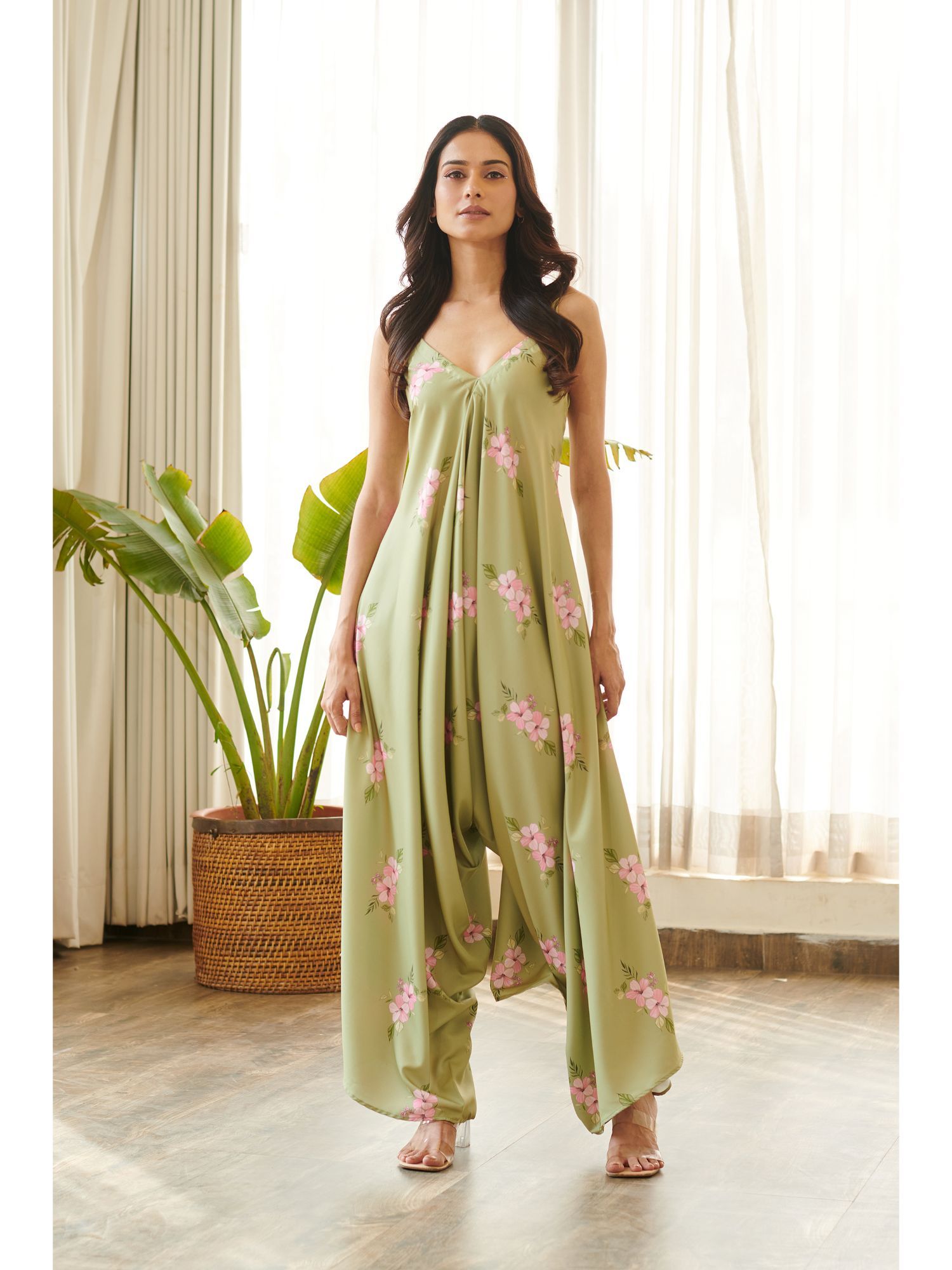 pasha india Pickle Green Floral Printed Flared Leg Style Jumpsuit-picture-14