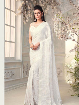 Odette - Sparkling White Partywear Sequins Saree with Unstitched Blouse
