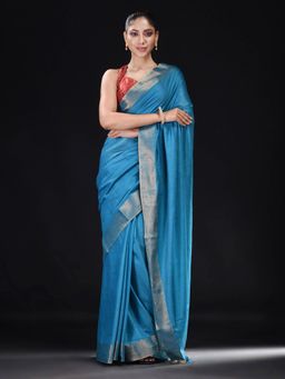 Beatitude - Blue Slub Cotton Woven Saree with Unstitched Blouse