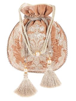 MasQ - Women's Velvet Beige Antique Flower Embroidered Potli Bag